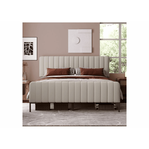 Cama estofada em linho cinza-bege cama de casal King 140x200cm EGMOID QUEEN