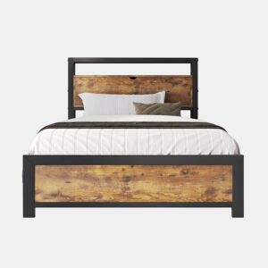 Cama individual industrial com cabeceira de arrumação, efeito madeira de nogueira e preto, 90x200cm IKKIEL