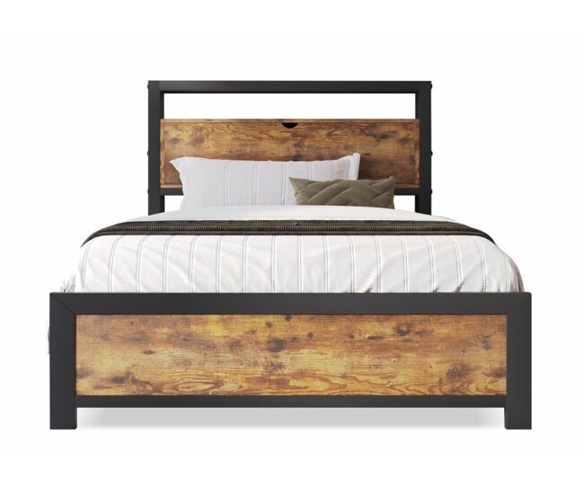 Cama individual industrial con cabecero con canapé, efecto madera nogal y negra, 90x200cm ikkiel