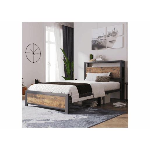 Cama individual industrial com cabeceira de arrumação, efeito madeira de nogueira e preto, 90x200cm IKKIEL