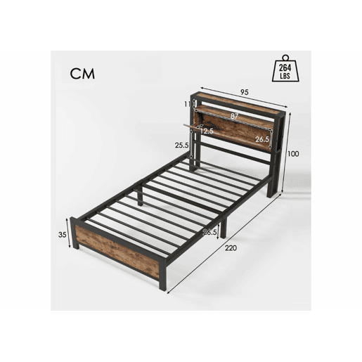 Cama individual industrial com cabeceira de arrumação, efeito madeira de nogueira e preto, 90x200cm IKKIEL