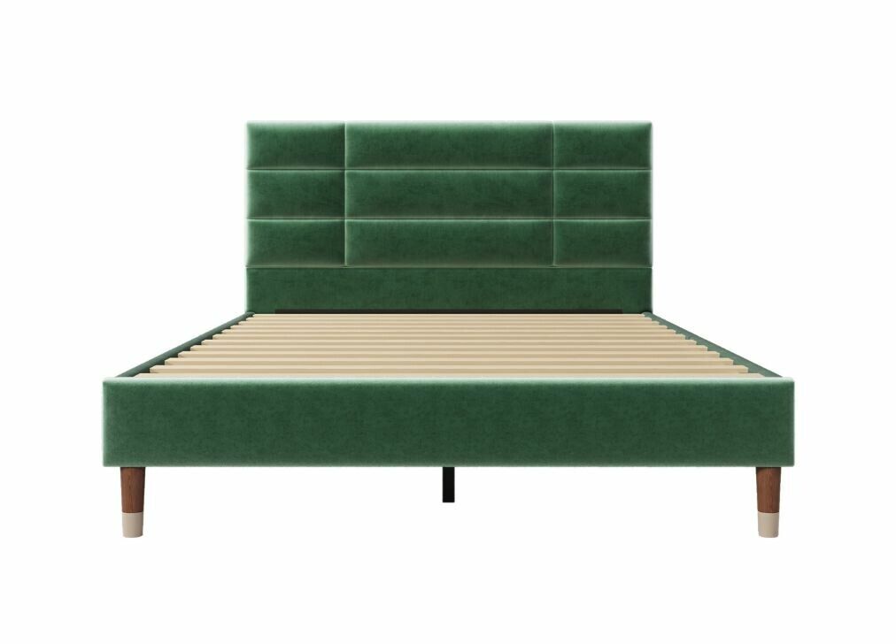 Cama doble con cabecero de terciopelo oscuro