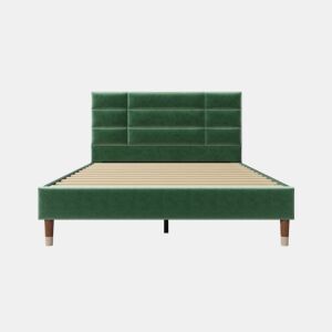 Cama de casal com cabeceira em veludo verde escuro e estrado de ripas 140x200cm (colchão não incluído) QHAELXIDS VERDE