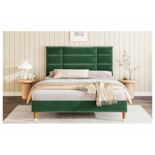 Cama de casal com cabeceira em veludo verde escuro e estrado de ripas 140x200cm (colchão não incluído) QHAELXIDS VERDE Cama de casal com cabeceira em veludo verde escuro e estrado de ripas 140x200cm (colchão não incluído) QHAELXIDS VERDE