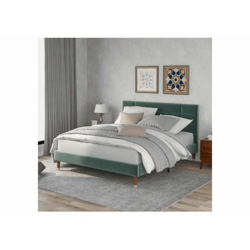 Cama de casal com cabeceira em veludo verde escuro e estrado de ripas 140x200cm (colchão não incluído) QHAELXIDS VERDE Cama de casal com cabeceira em veludo verde escuro e estrado de ripas 140x200cm (colchão não incluído) QHAELXIDS VERDE