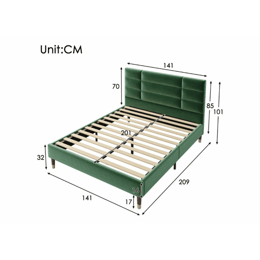 Cama de casal com cabeceira em veludo verde escuro e estrado de ripas 140x200cm (colchão não incluído) QHAELXIDS VERDE Cama de casal com cabeceira em veludo verde escuro e estrado de ripas 140x200cm (colchão não incluído) QHAELXIDS VERDE