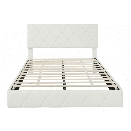 Cama de casal estofada em PU bege com faixas de luz LED 140x200cm DRAKKUL