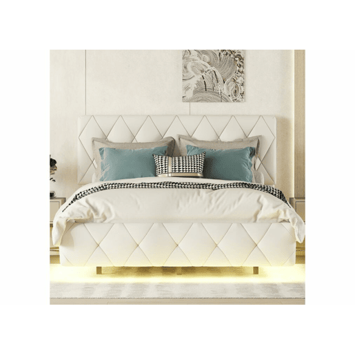 Cama de casal estofada em PU bege com faixas de luz LED 140x200cm DRAKKUL