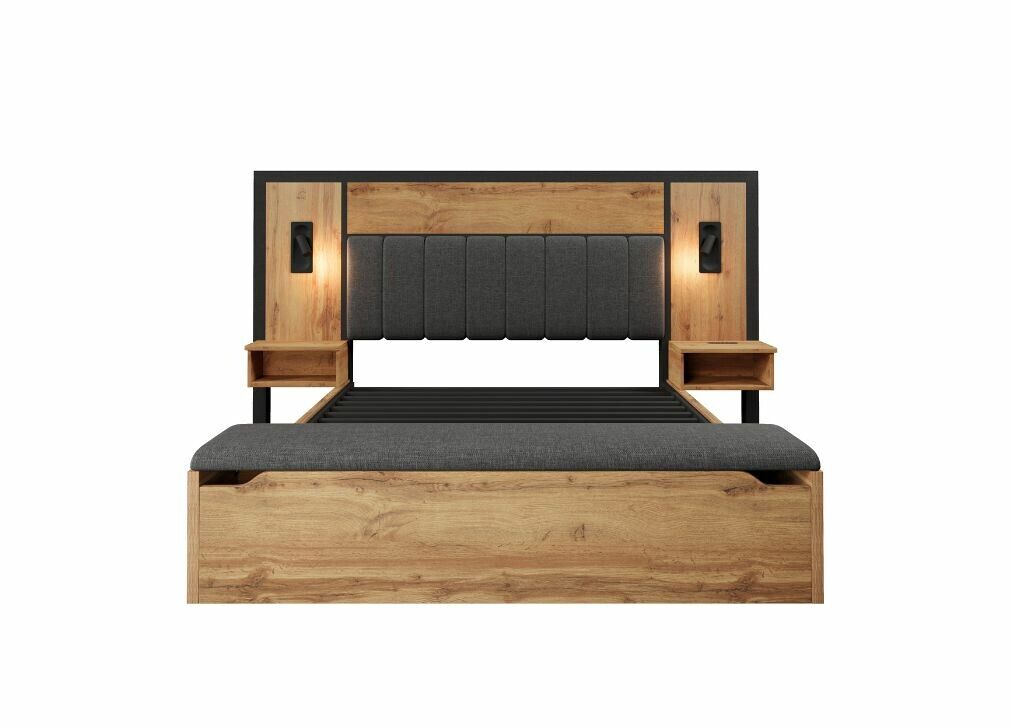 Cama doble zilkith queen tapizada en lino gris efecto madera de roble con lámpara y mesita de noche, toma usb c 160×200 (sin colchón)