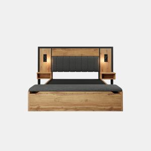 Cama de casal estofada em linho cinza ZILKITH QUEEN com efeito de madeira de carvalho com candeeiro e mesa de cabeceira, tomada USB C 160×200 (sem colchão)