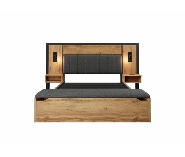 Cama doble zilkith queen tapizada en lino gris efecto madera de roble con lámpara y mesita de noche, toma usb c 160×200 (sin colchón)