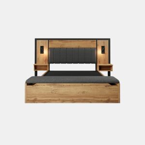 Cama de casal estofada em linho cinza com efeito madeira de carvalho com candeeiro e mesa de cabeceira, tomada USB C 180×200 (sem colchão) ZILKITH KING