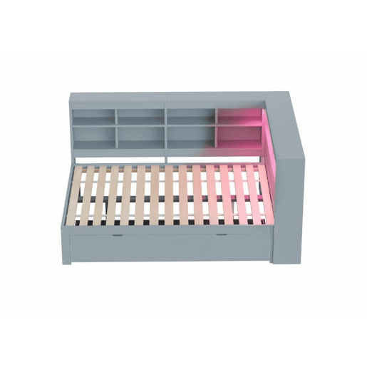 Sofá-cama de casal em madeira maciça cinzenta 140*200cm, com gavetas, tomada USB e faixa de luz LED ANDRAD