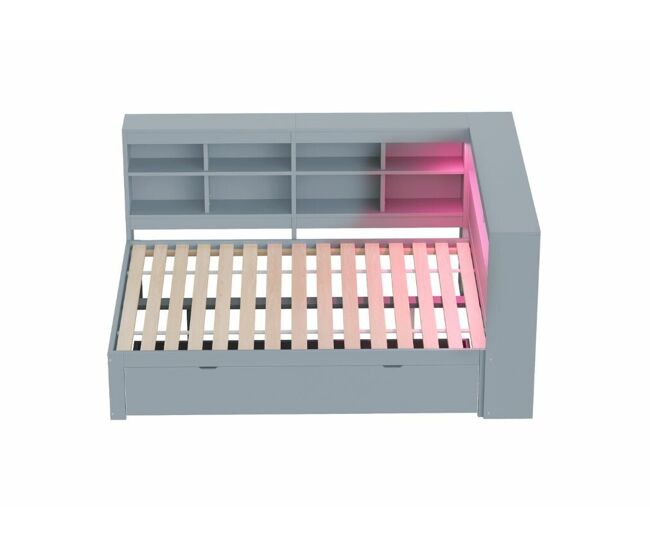 Sofá cama doble de madera maciza en color gris 140*200cm, con cajones, toma usb y tira de luz led andrad