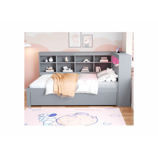 Sofá-cama de casal em madeira maciça cinzenta 140*200cm, com gavetas, tomada USB e faixa de luz LED ANDRAD
