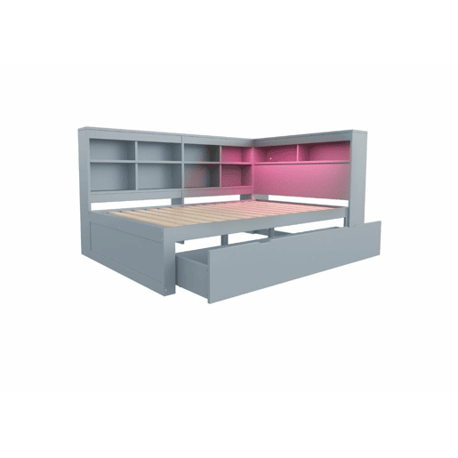 Sofá-cama de casal em madeira maciça cinzenta 140*200cm, com gavetas, tomada USB e faixa de luz LED ANDRAD