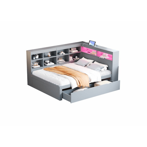 Sofá-cama de casal em madeira maciça cinzenta 140*200cm, com gavetas, tomada USB e faixa de luz LED ANDRAD