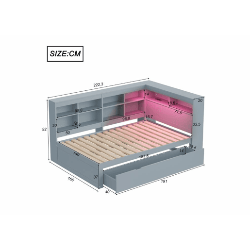 Sofá-cama de casal em madeira maciça cinzenta 140*200cm, com gavetas, tomada USB e faixa de luz LED ANDRAD