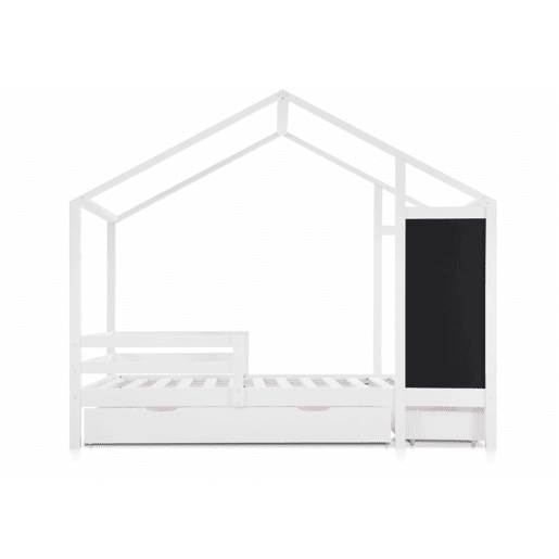 Cama de criança, cama cabine branca 90 x 200 cm, casinha de madeira maciça com cerca e base de ripas, 2 gavetas, rodas, arrumação, quadro negro (sem colchão) CHOLLUD
