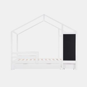 Cama de criança, cama cabine branca 90 x 200 cm, casinha de madeira maciça com cerca e base de ripas, 2 gavetas, rodas, arrumação, quadro negro (sem colchão) CHOLLUD