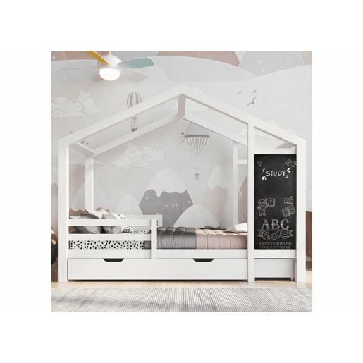 Cama de criança, cama cabine branca 90 x 200 cm, casinha de madeira maciça com cerca e base de ripas, 2 gavetas, rodas, arrumação, quadro negro (sem colchão) CHOLLUD