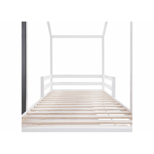 Cama de criança, cama cabine branca 90 x 200 cm, casinha de madeira maciça com cerca e base de ripas, 2 gavetas, rodas, arrumação, quadro negro (sem colchão) CHOLLUD