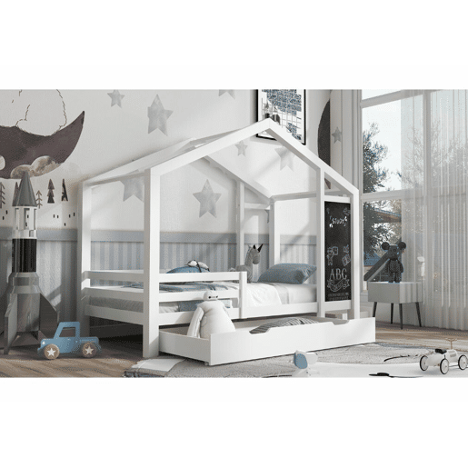 Cama de criança, cama cabine branca 90 x 200 cm, casinha de madeira maciça com cerca e base de ripas, 2 gavetas, rodas, arrumação, quadro negro (sem colchão) CHOLLUD