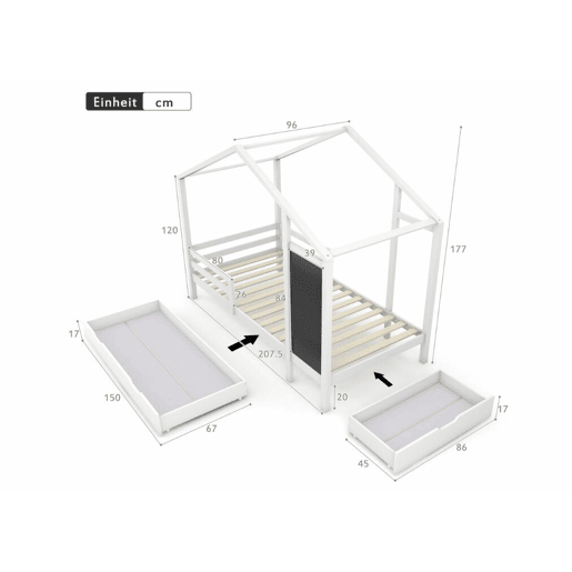 Cama de criança, cama cabine branca 90 x 200 cm, casinha de madeira maciça com cerca e base de ripas, 2 gavetas, rodas, arrumação, quadro negro (sem colchão) CHOLLUD