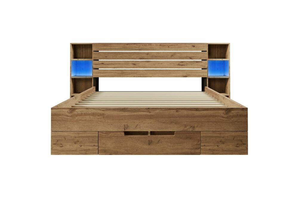 cama doble con canape en madera maciza de roble con iluminacion led estantes y cajones toma usb c 180 x 200 cm sin colchon iessaes king
