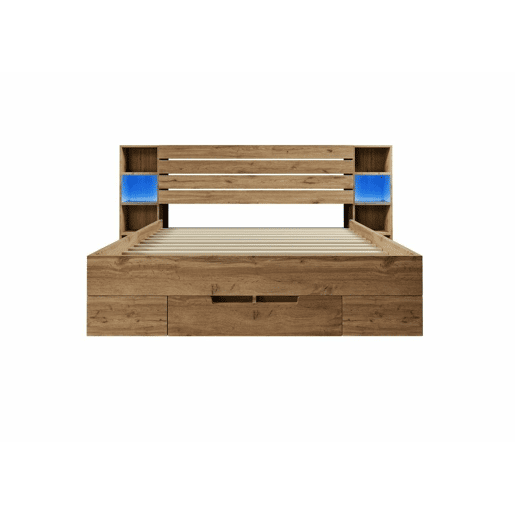 Cama de casal com arrumação em madeira maciça de carvalho com iluminação LED, prateleiras e gavetas, tomada USB C, 180 x 200 cm (sem colchão) IESSAES KING