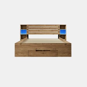 Cama de casal com arrumação em madeira maciça de carvalho com iluminação LED, prateleiras e gavetas, tomada USB C, 180 x 200 cm (sem colchão) IESSAES KING