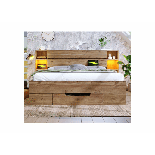 Cama de casal com arrumação em madeira maciça de carvalho com iluminação LED, prateleiras e gavetas, tomada USB C, 180 x 200 cm (sem colchão) IESSAES KING