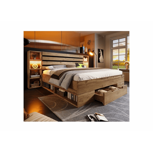 Cama de casal com arrumação em madeira maciça de carvalho com iluminação LED, prateleiras e gavetas, tomada USB C, 180 x 200 cm (sem colchão) IESSAES KING