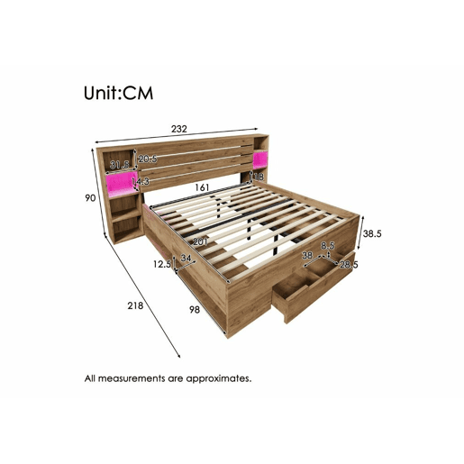 Cama de casal com arrumação em madeira maciça de carvalho com iluminação LED, prateleiras e gavetas, tomada USB C, 180 x 200 cm (sem colchão) IESSAES KING