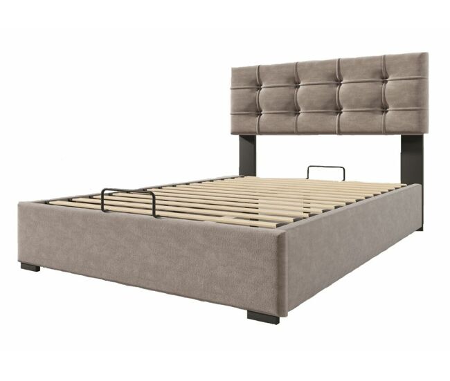 Cama doble con cabecero ajustable, terciopelo gris con espacio de almacenamiento tegza