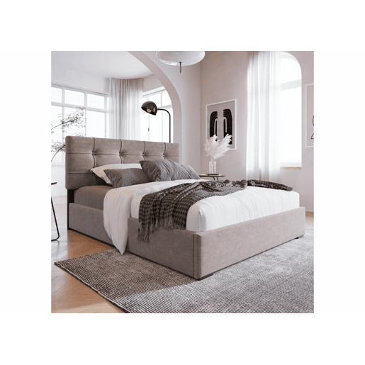 Cama de casal com cabeceira ajustável, veludo cinza e espaço de arrumação TEGZA