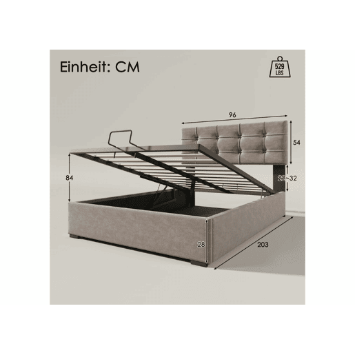 Cama de casal com cabeceira ajustável, veludo cinza e espaço de arrumação TEGZA