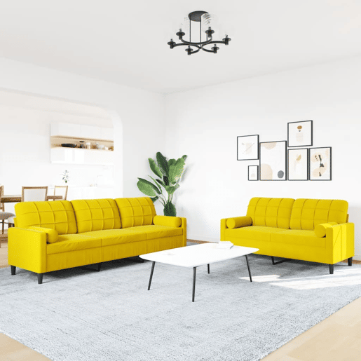 vidaXL 2 pcs conjunto de sofás com almofadões e rolos veludo amarelo vidaXL 2 pcs conjunto de sofás com almofadões e rolos veludo amarelo