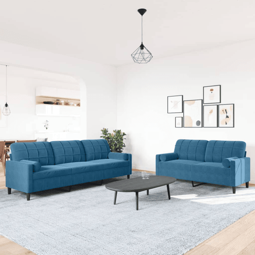 vidaXL 2 pcs conjunto de sofás com almofadões e rolos veludo azul
