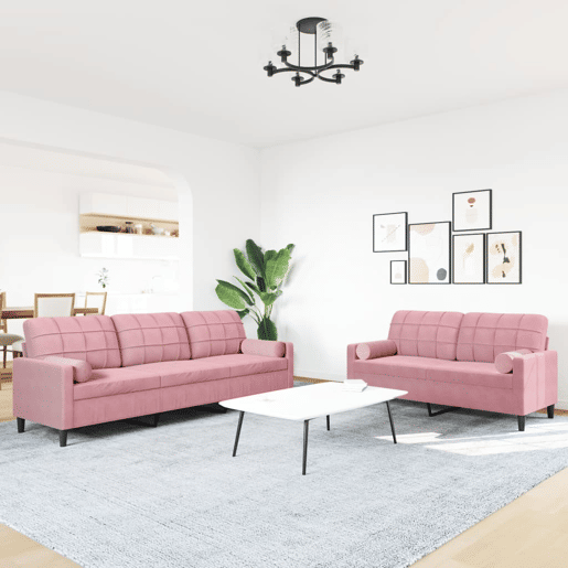vidaXL 2 pcs conjunto de sofás com almofadões e rolos veludo rosa