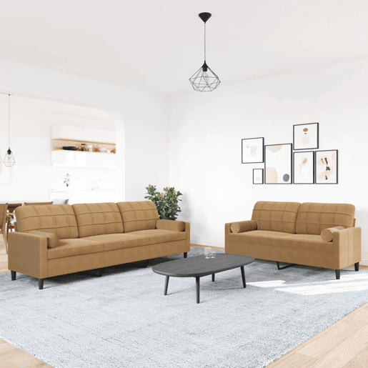 vidaXL 2 pcs conjunto de sofás com almofadões e rolos veludo castanho