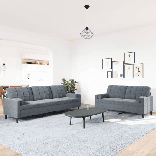 vidaXL 2 pcs conjunto sofás com almofadões e rolos veludo cinza-escuro vidaXL 2 pcs conjunto sofás com almofadões e rolos veludo cinza-escuro
