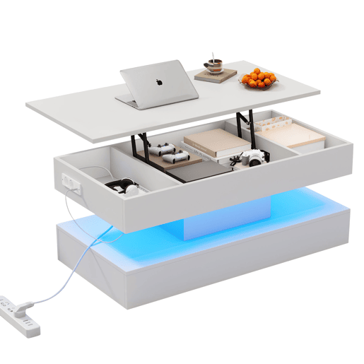 Mesa de centro elevável retangular de placa de partículas com luz led,branco Mesa de centro elevável retangular de placa de partículas com luz led,branco
