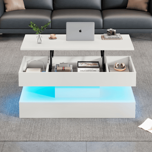 Mesa de centro elevável retangular de placa de partículas com luz led,branco Mesa de centro elevável retangular de placa de partículas com luz led,branco