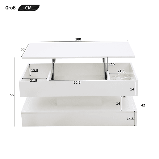 Mesa de centro elevável retangular de placa de partículas com luz led,branco Mesa de centro elevável retangular de placa de partículas com luz led,branco