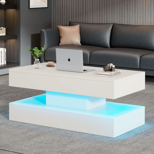 Mesa de centro elevável retangular de placa de partículas com luz led,branco Mesa de centro elevável retangular de placa de partículas com luz led,branco
