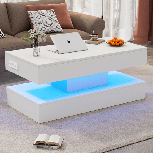 Mesa de centro elevável retangular de placa de partículas com luz led,branco Mesa de centro elevável retangular de placa de partículas com luz led,branco