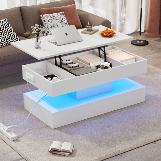 Mesa de centro elevável retangular de placa de partículas com luz led,branco Mesa de centro elevável retangular de placa de partículas com luz led,branco