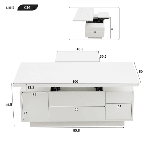 Mesa de centro elevável retangular de painel de partículas,branco