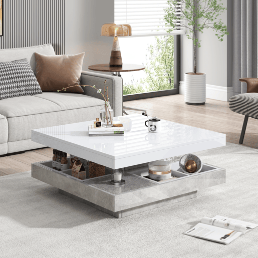 Mesa de centro giratoria quadrada de painel de partículas,branco+cinzento